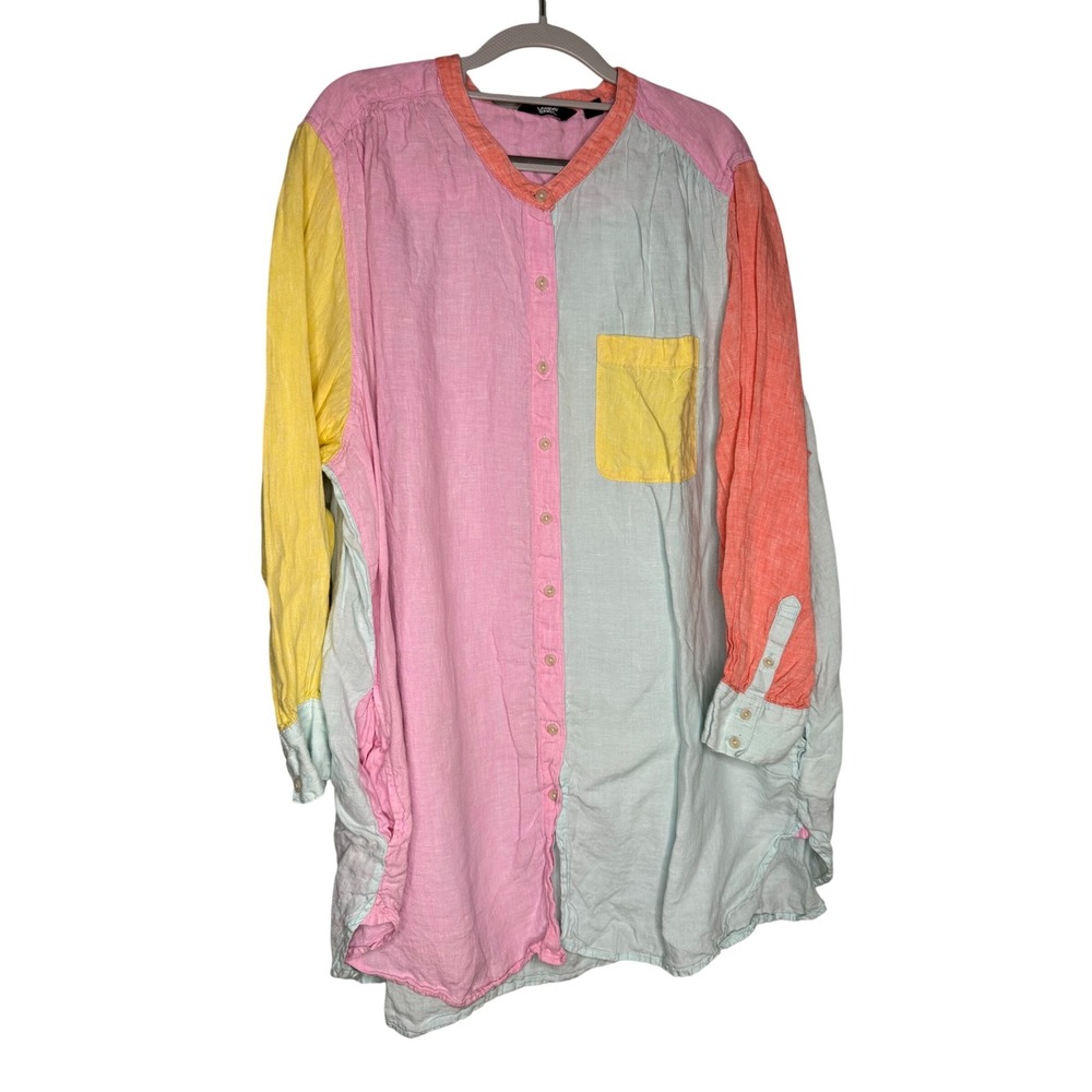 Lands' End Pastel Color Block Linen Tunic Top Button Down Shirt With Pockets